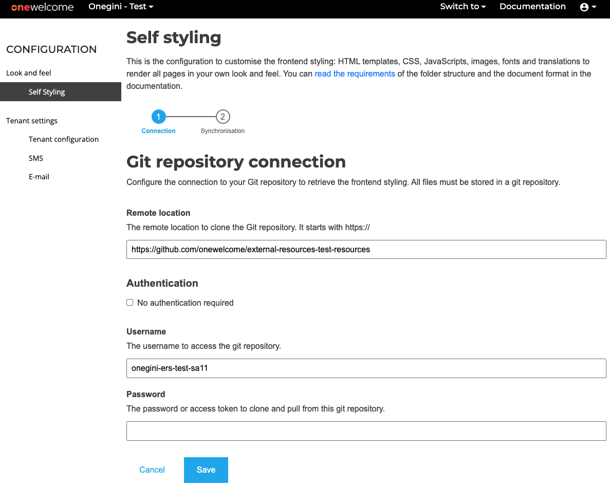 Customer Self Styling connection details